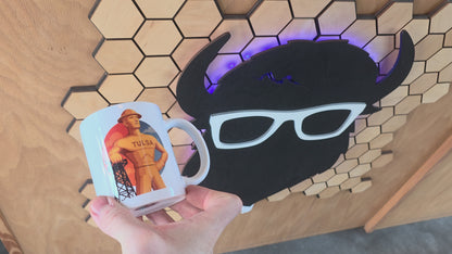 Oklahoma landmark souvenir mug with Golden Driller illustration