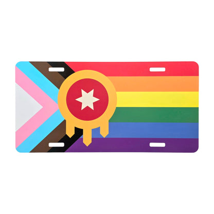 Front view of Rainbow Tulsa Flag Inclusive Pride license plate featuring Progress Pride flag design, printed aluminum Tulsa souvenir by The Curious Bison.