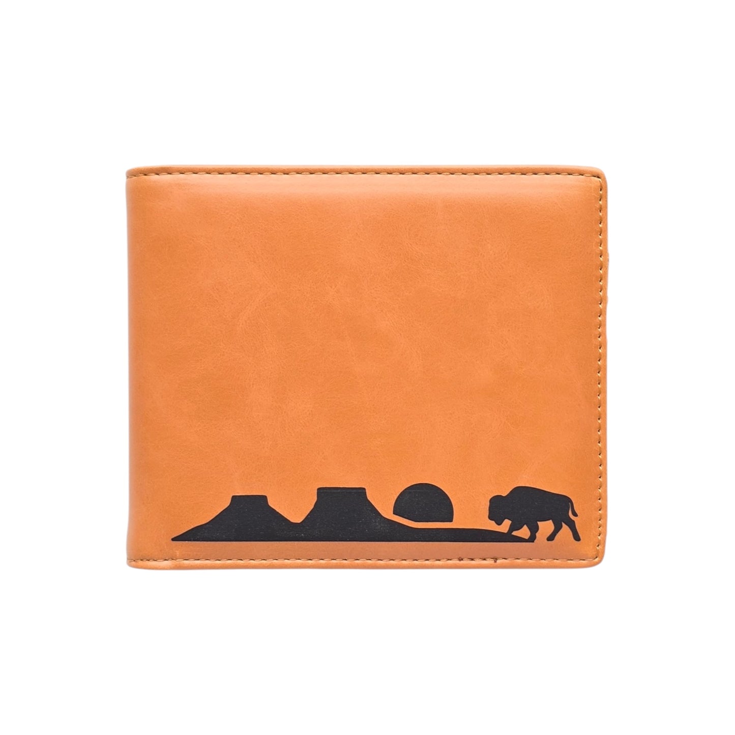 Tan RFID Wallet Bison Plateau Landscape Mens Bifold with black silhouette design showing mesas sunset and walking bison, slim men’s wallet for everyday carry travel or western gift
