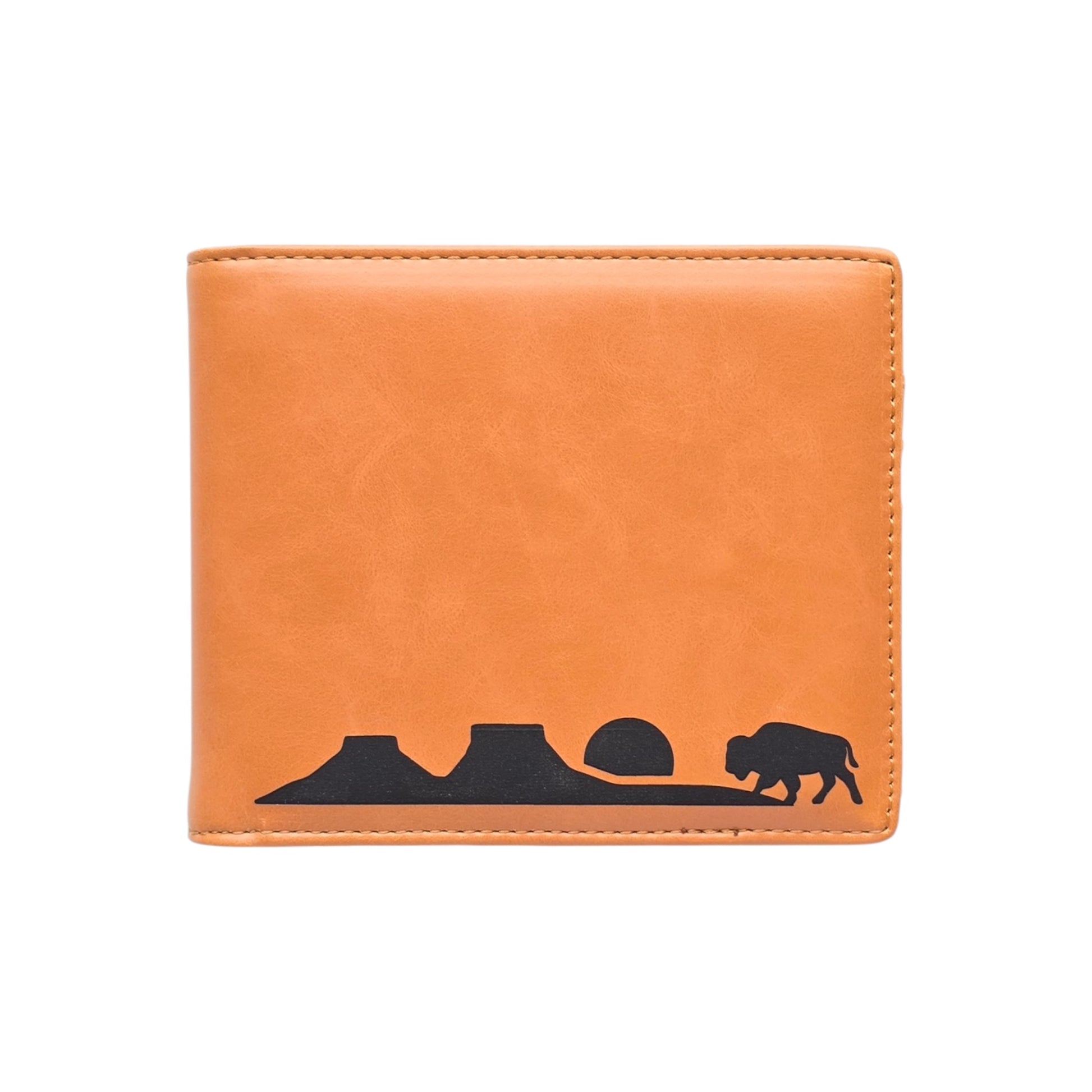 Tan RFID Wallet Bison Plateau Landscape Mens Bifold with black silhouette design showing mesas sunset and walking bison, slim men’s wallet for everyday carry travel or western gift