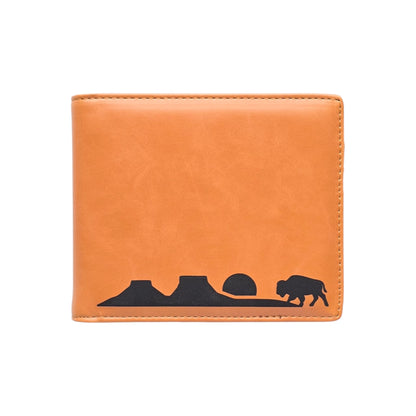 Tan RFID Wallet Bison Plateau Landscape Mens Bifold with black silhouette design showing mesas sunset and walking bison, slim men’s wallet for everyday carry travel or western gift
