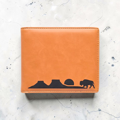 RFID Wallet Bison Plateau Landscape Mens Bifold displayed on stone background with stitched leatherette finish and minimalist western bison scene, useful gift wallet for men
