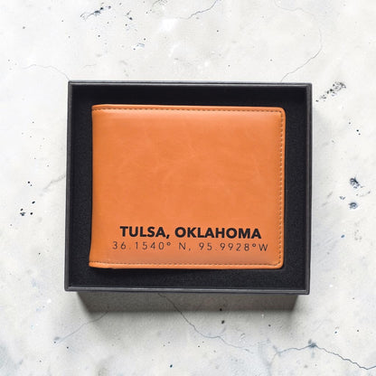 Gift boxed RFID Wallet Tulsa Oklahoma Coordinates Mens Bifold with tan leatherette exterior and bold Tulsa coordinates design, stylish men’s wallet gift