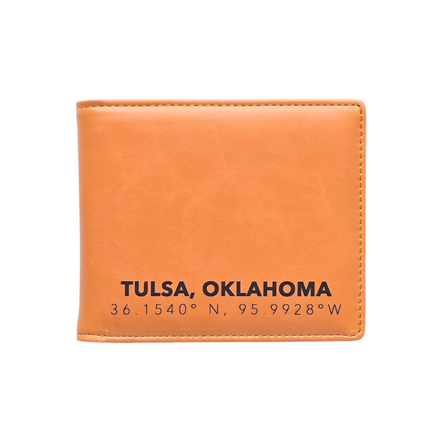 Tan RFID Wallet Tulsa Oklahoma Coordinates Mens Bifold with black Tulsa Oklahoma text and latitude longitude coordinates, slim men’s wallet gift for Tulsa locals travelers and Oklahoma souvenir buyers