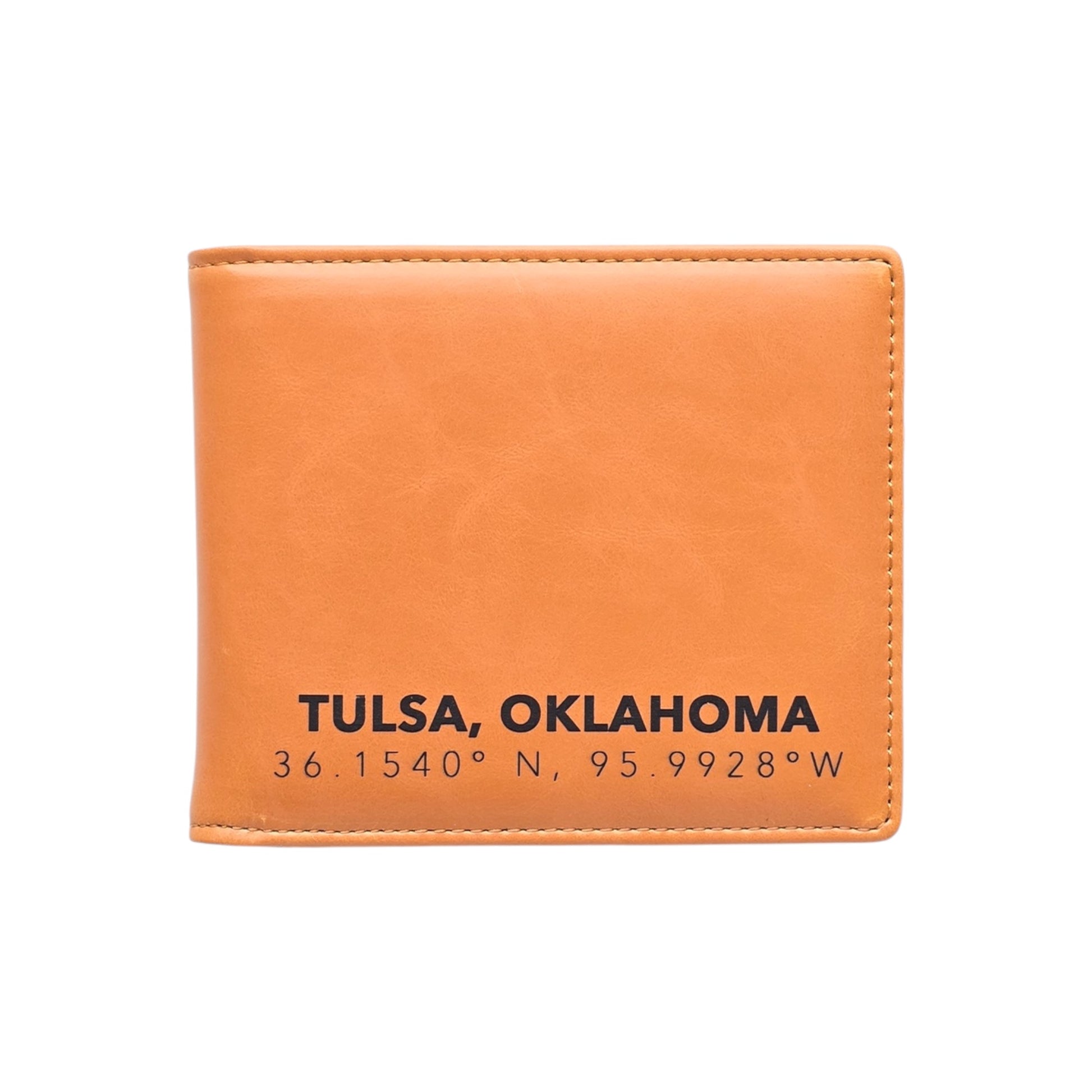 Tan RFID Wallet Tulsa Oklahoma Coordinates Mens Bifold with black Tulsa Oklahoma text and latitude longitude coordinates, slim men’s wallet gift for Tulsa locals travelers and Oklahoma souvenir buyers