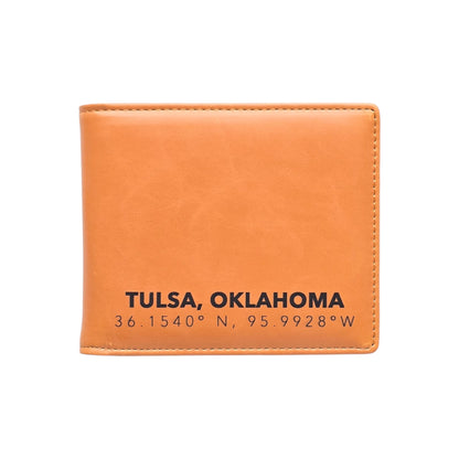 Tan RFID Wallet Tulsa Oklahoma Coordinates Mens Bifold with black Tulsa Oklahoma text and latitude longitude coordinates, slim men’s wallet gift for Tulsa locals travelers and Oklahoma souvenir buyers