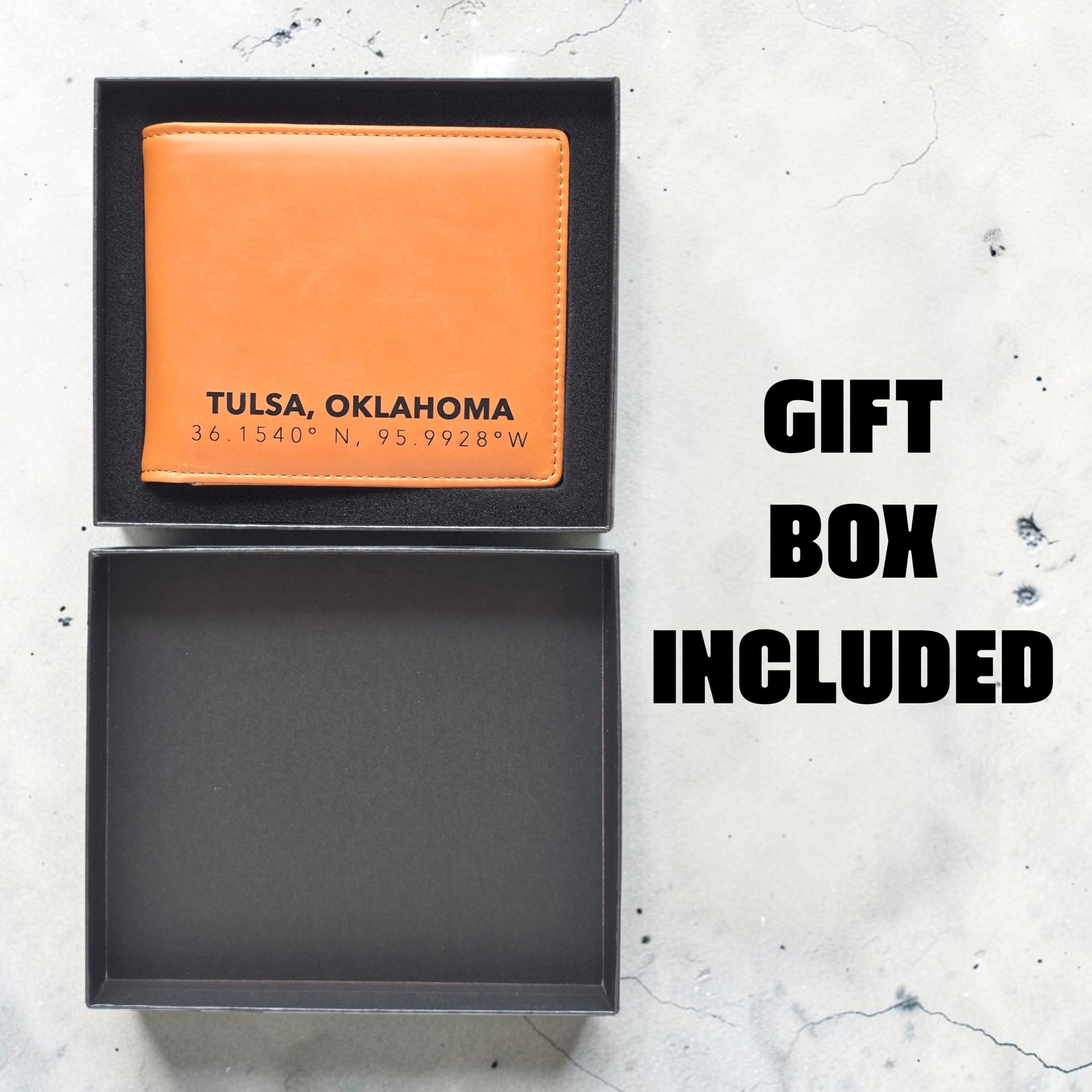 Tulsa Oklahoma coordinates RFID wallet shown in black gift box, ready to gift men’s bifold wallet for birthdays Father’s Day holidays or Tulsa souvenir shopping