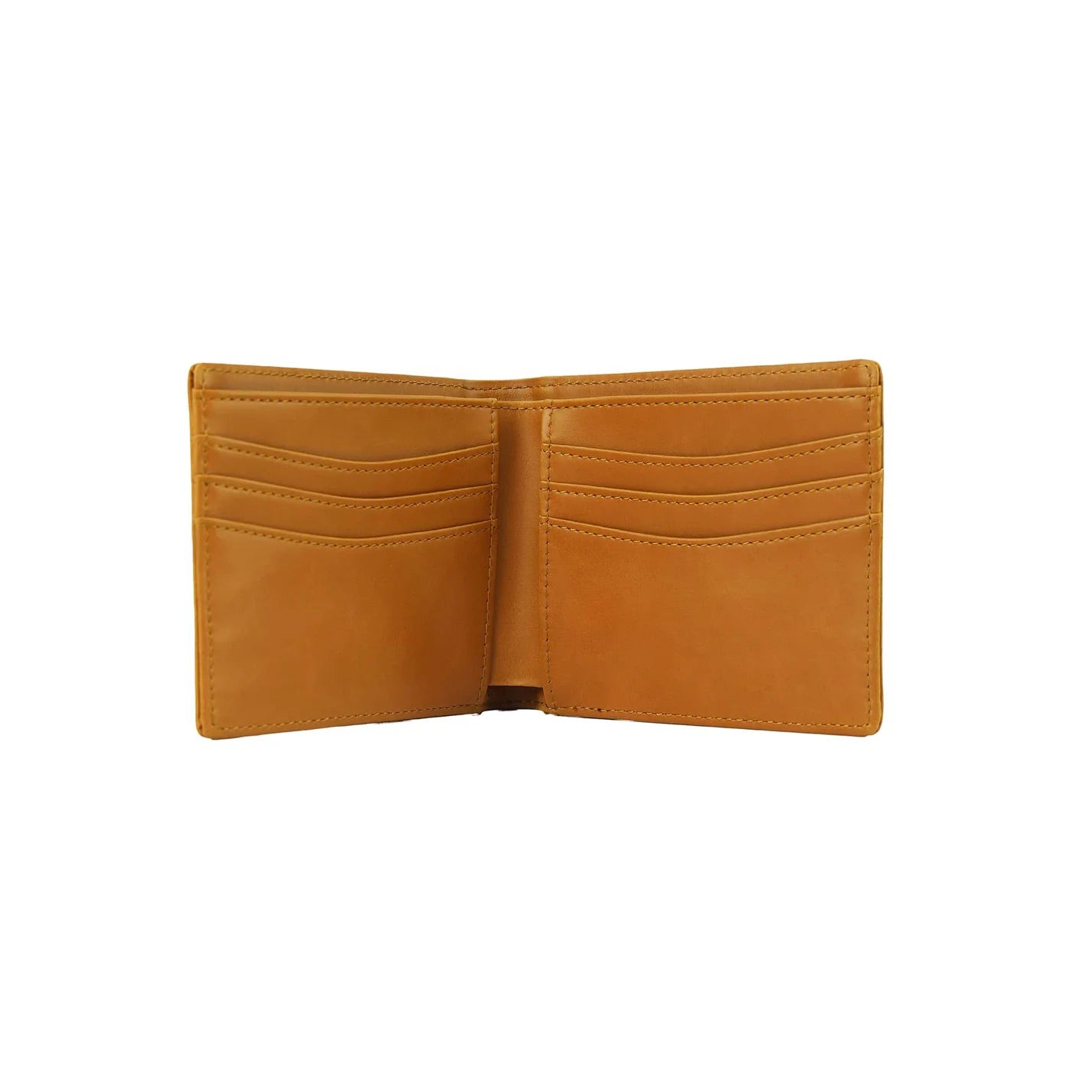 Open RFID Wallet Tulsa Oklahoma Coordinates Mens Bifold showing multiple card slots cash storage and tan leatherette interior, slim functional everyday carry wallet
