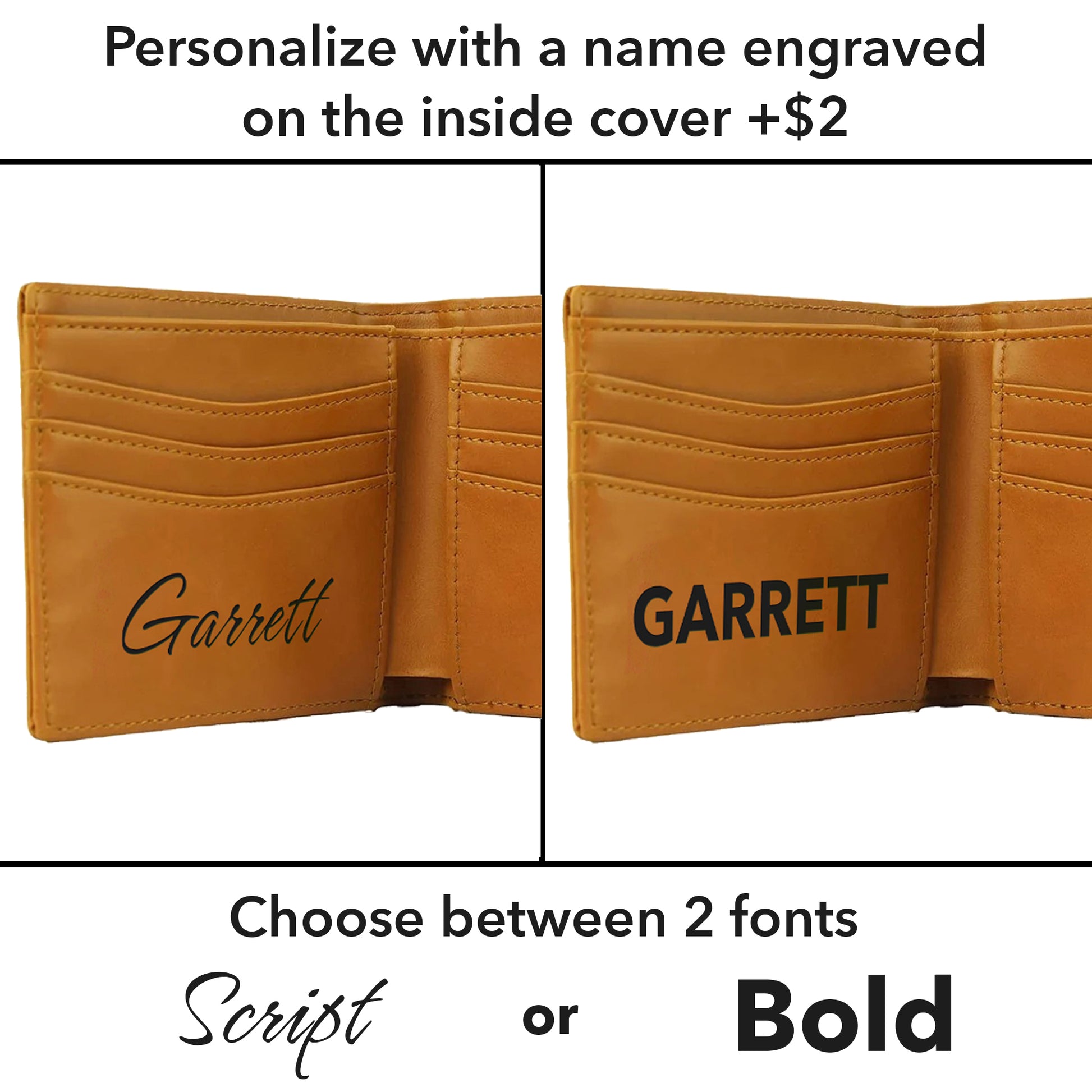 Personalized RFID Wallet Tulsa Oklahoma Coordinates Mens Bifold with custom engraved name on inside cover in script and bold font options, custom Tulsa gift wallet for men