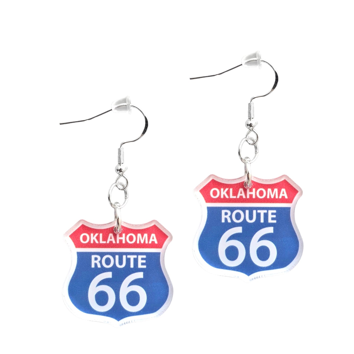 Route 66 acrylic earrings on white background showing classic highway shield shape with Oklahoma Route 66 print and hypoallergenic hooks