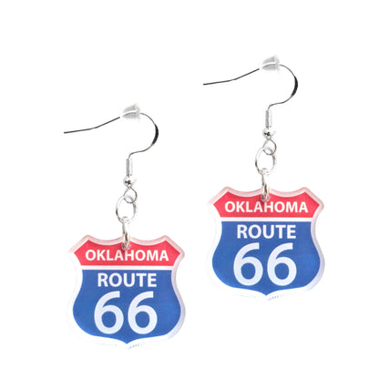 Route 66 acrylic earrings on white background showing classic highway shield shape with Oklahoma Route 66 print and hypoallergenic hooks