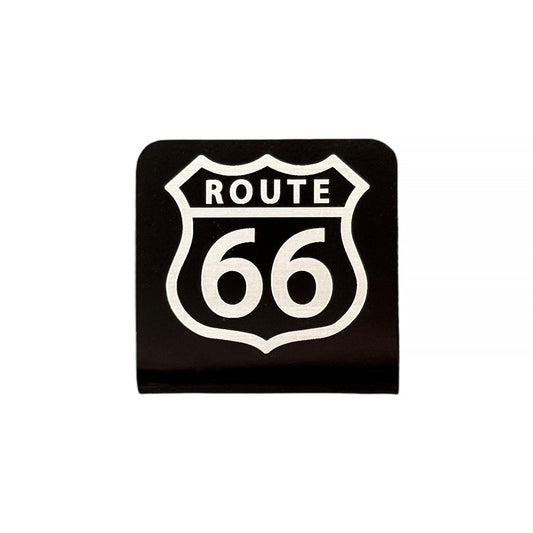 Square aluminum hat clip with laser engraved Route 66 centennial shield design, black powder coated finish with brushed silver metal detail