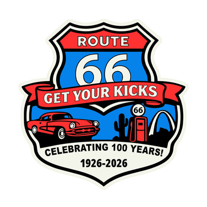 Route 66 Centennial Get Your Kicks sticker with classic highway shield design, vintage car, cactus, gas pump, and retro Americana artwork celebrating 100 years of Route 66 travel from 1926 to 2026