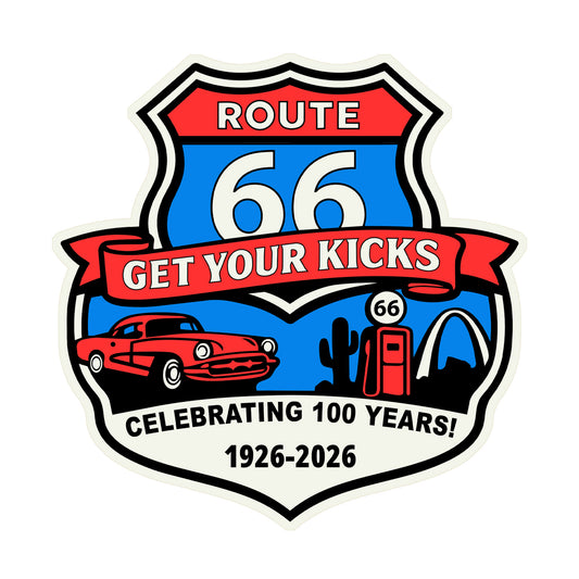 Route 66 Centennial Get Your Kicks sticker with classic highway shield design, vintage car, cactus, gas pump, and retro Americana artwork celebrating 100 years of Route 66 travel from 1926 to 2026
