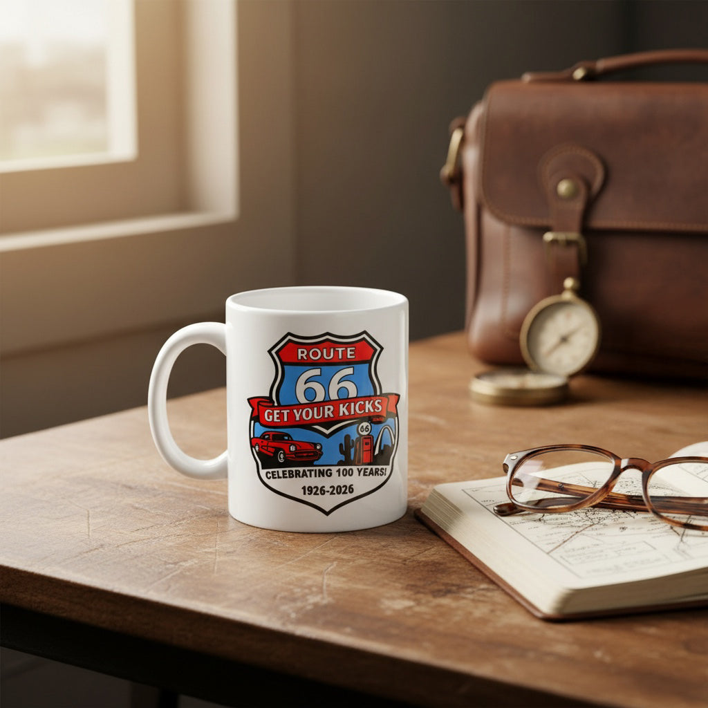 Route 66 Centennial coffee mug styled on desk beside vintage travel accessories and notebook creating nostalgic Americana travel atmosphere for Route 66 souvenir and road trip gift shoppers