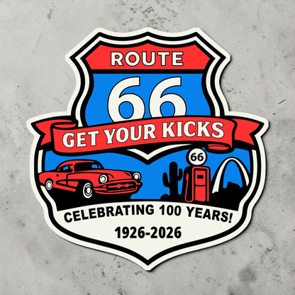 Die cut Route 66 Centennial souvenir sticker displayed on textured background featuring Get Your Kicks banner and retro road trip artwork for Route 66 travelers and collectors