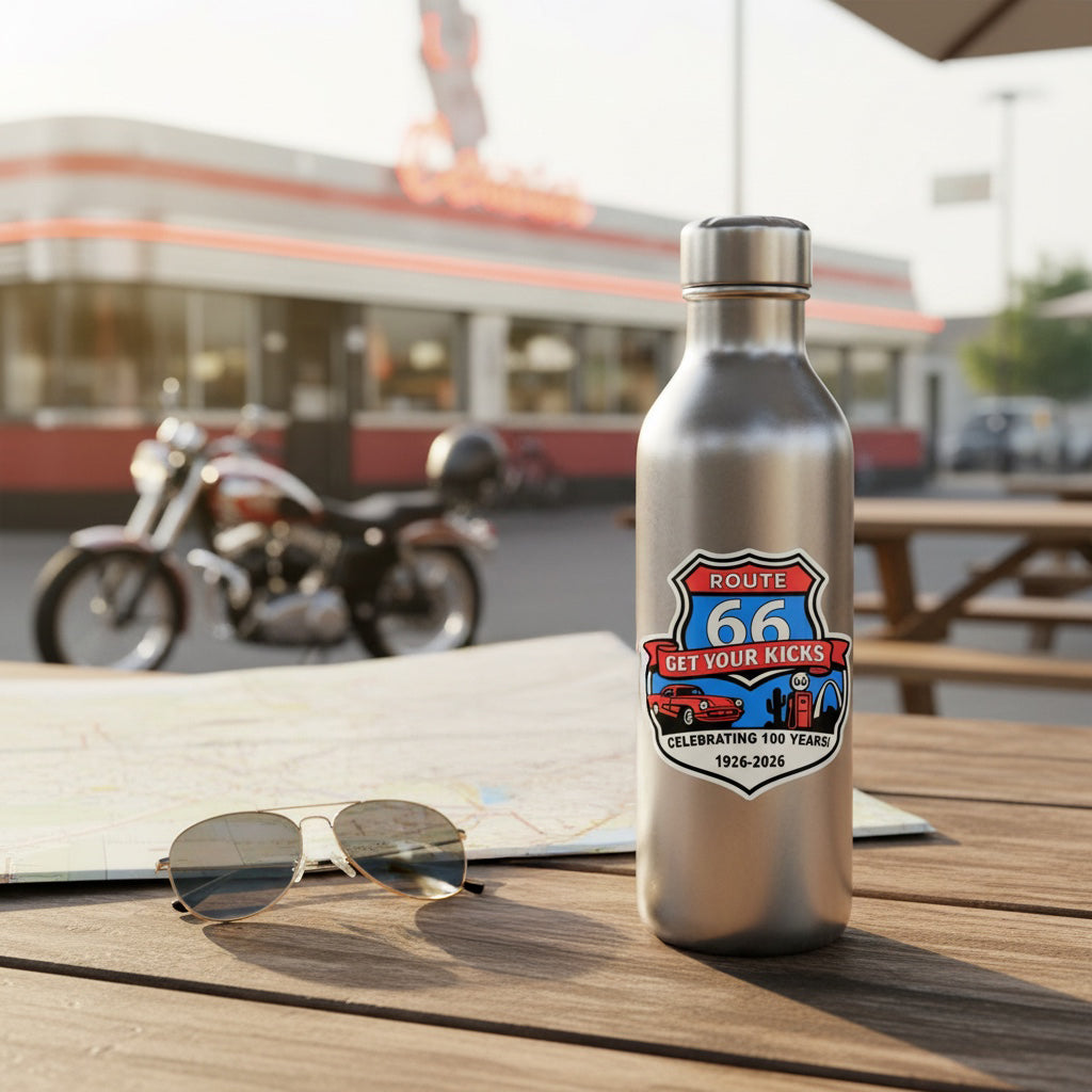 Stainless steel water bottle featuring Route 66 Centennial Get Your Kicks sticker on outdoor picnic table near roadside diner and motorcycle, showing travel souvenir and road trip lifestyle use