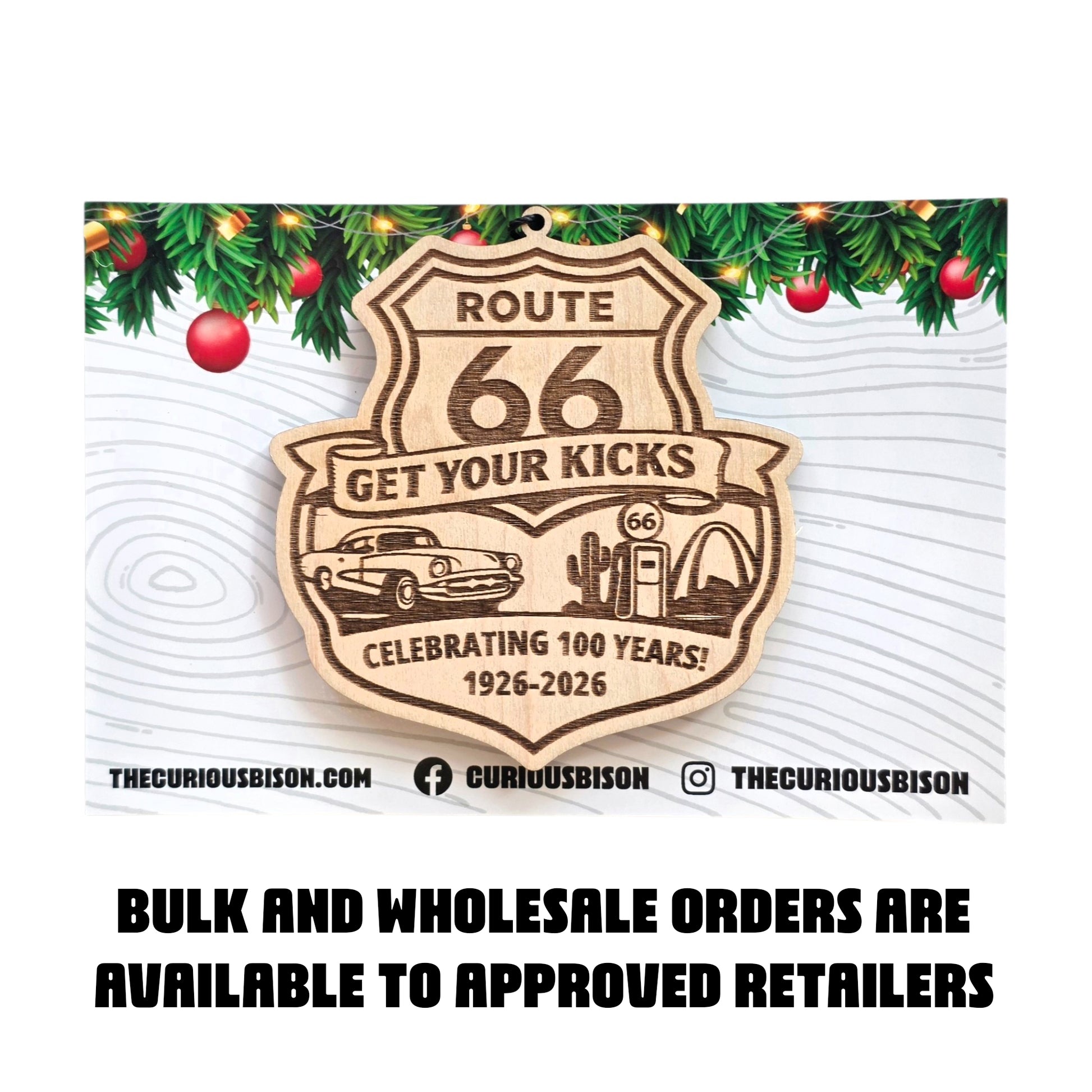 Route 66 Centennial wooden ornament displayed on branded card with engraved shield artwork, travel souvenir gift celebrating 100 years of Route 66