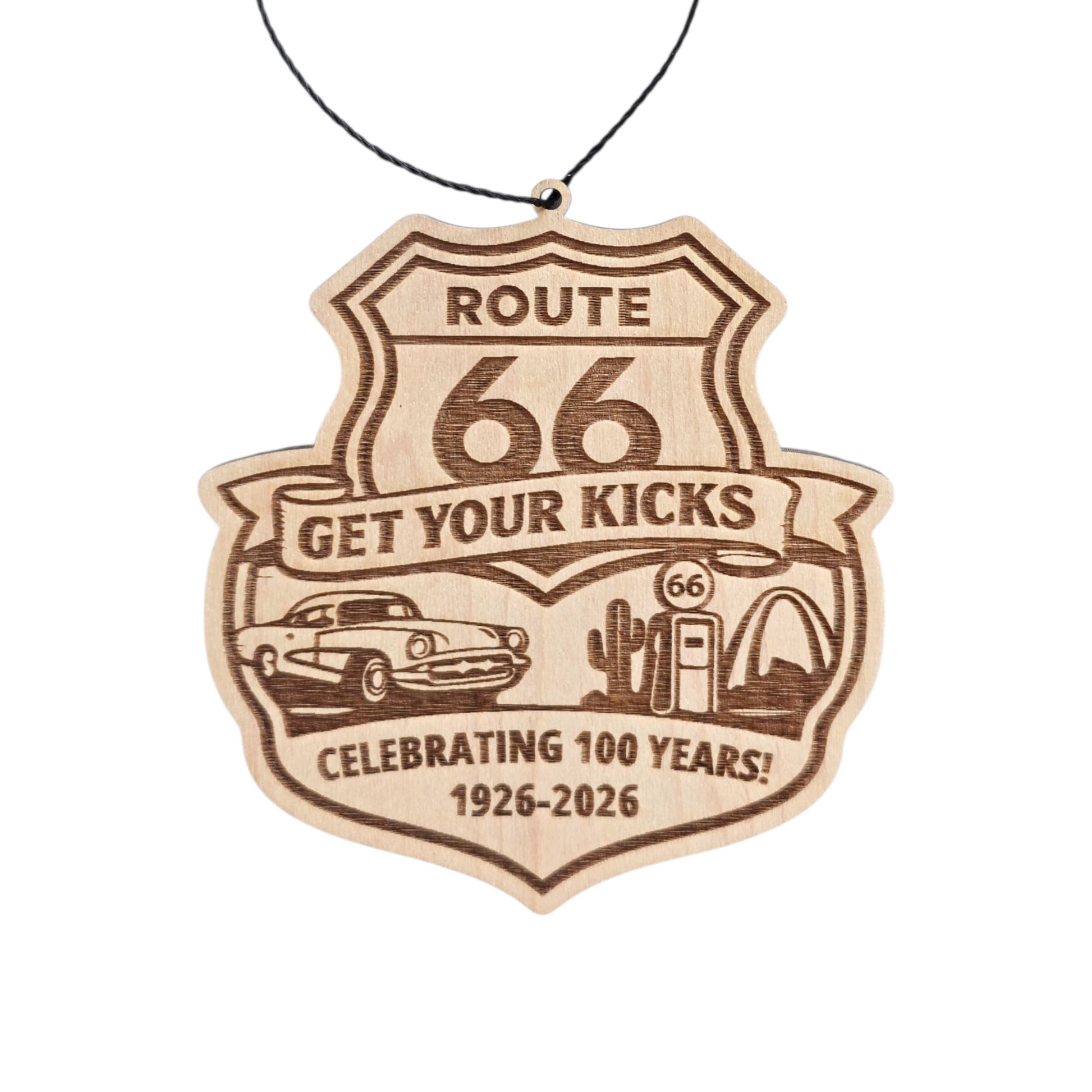 Route 66 Centennial wood ornament in classic highway shield shape with Get Your Kicks engraved design, laser cut wooden souvenir ornament with hanging cord for road trip gift or Route 66 keepsake