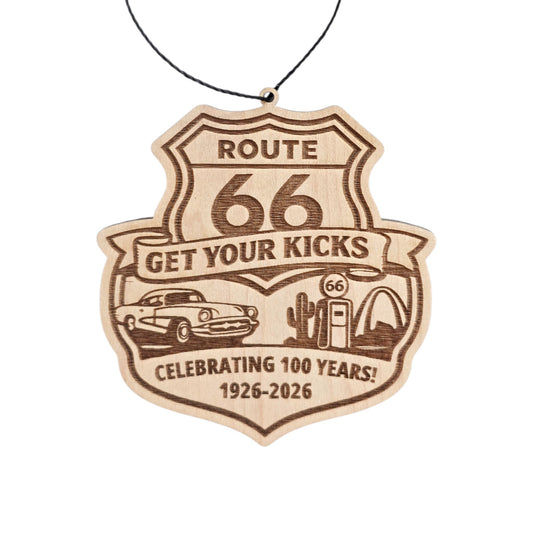 Route 66 Centennial wood ornament in classic highway shield shape with Get Your Kicks engraved design, laser cut wooden souvenir ornament with hanging cord for road trip gift or Route 66 keepsake