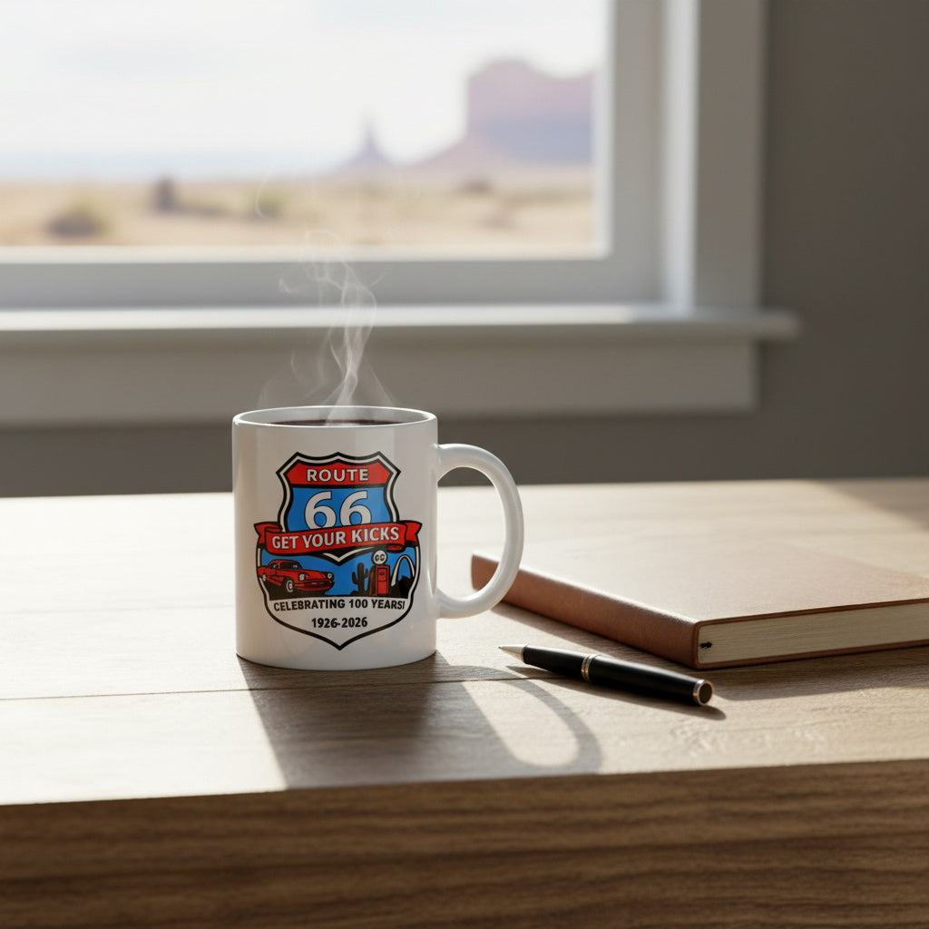 Steaming Route 66 Centennial coffee mug sitting on wooden table near journal and pen with scenic desert inspired background representing classic American road trip travel and Route 66 souvenir culture
