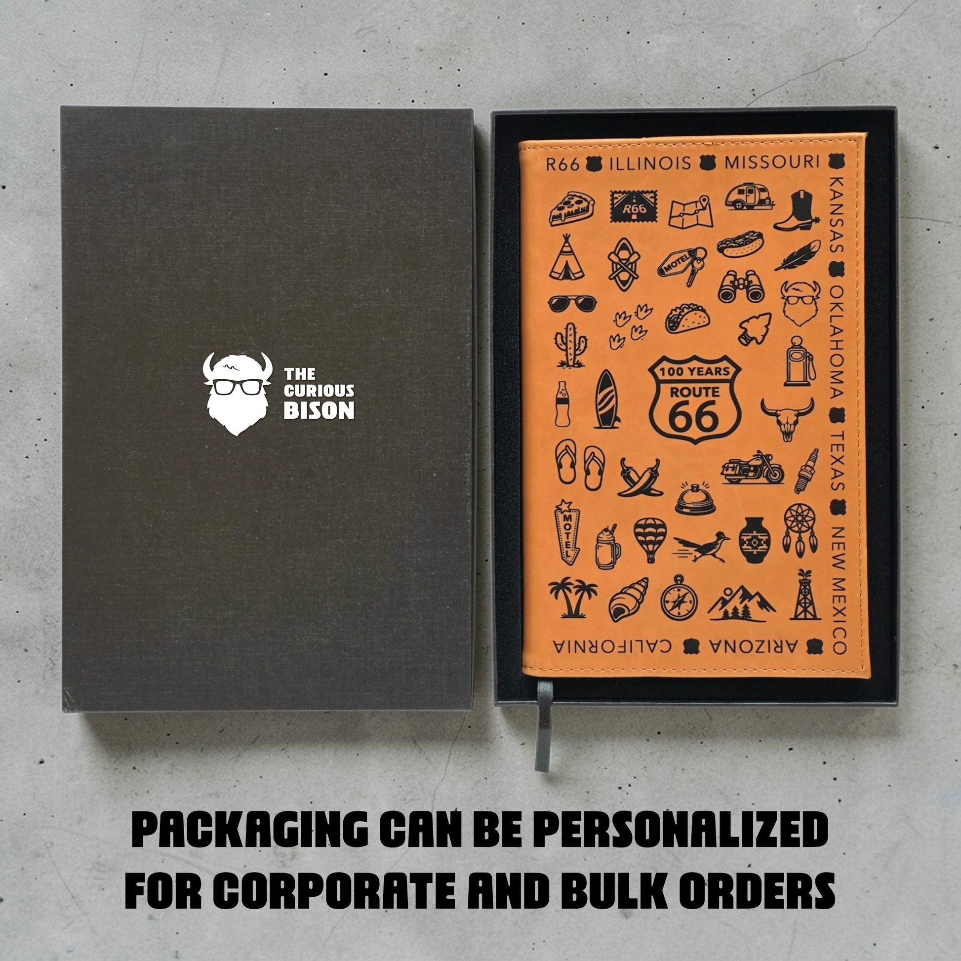 Route 66 travel icons journal notebook packaged in black gift box with Curious Bison logo showing engraved leatherette cover designed for Route 66 travelers and souvenir gifts