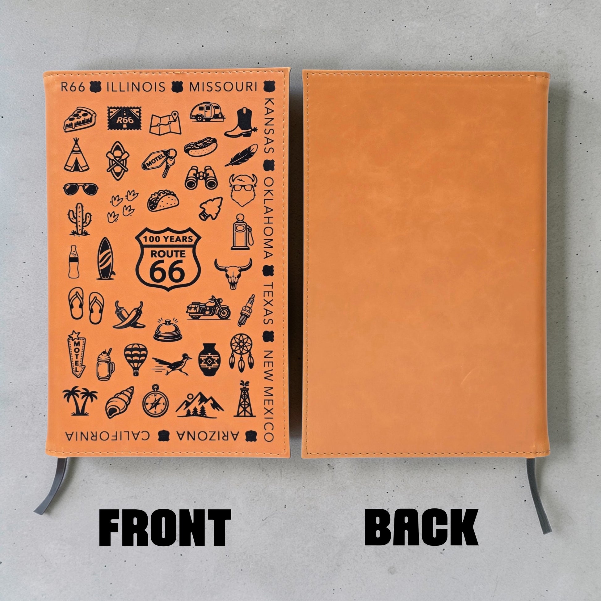 front and back view of Route 66 leatherette travel journal notebook with engraved icon pattern on front and smooth leatherette back cover