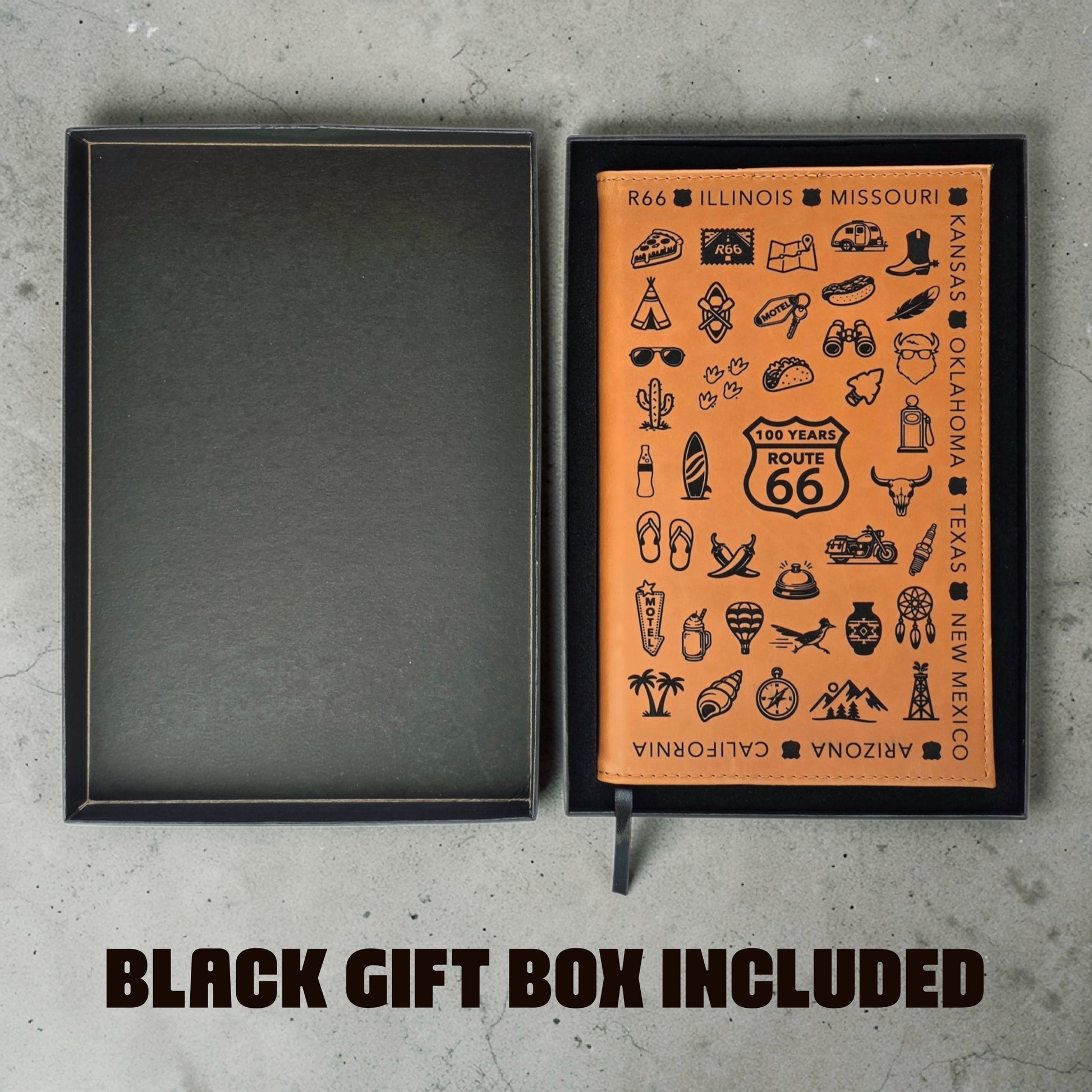 Route 66 leatherette travel journal displayed inside black gift box showing engraved road trip icons and packaging suitable for Route 66 souvenir gifts or corporate travel gifts