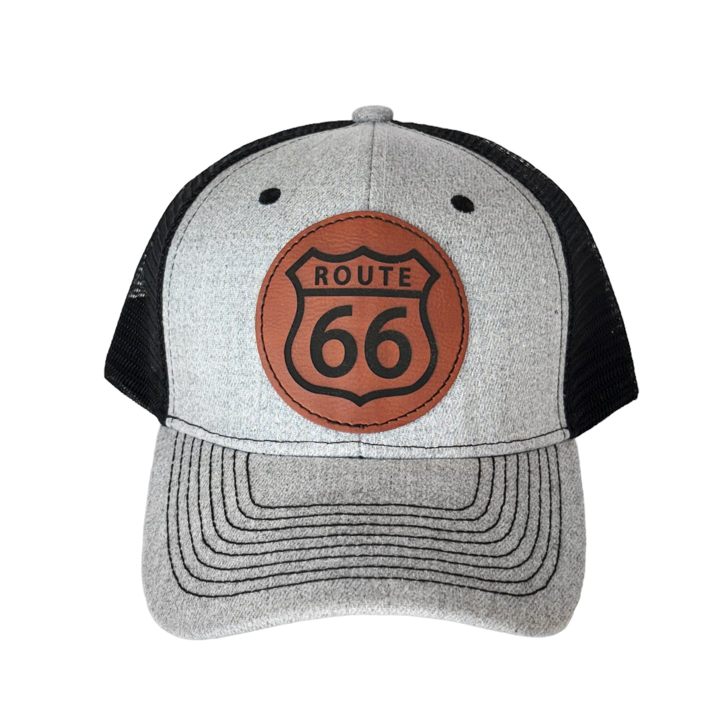 Route 66 leather patch hat with gray front panels and black mesh back, trucker style Oklahoma Route 66 hat with heat pressed leatherette patch