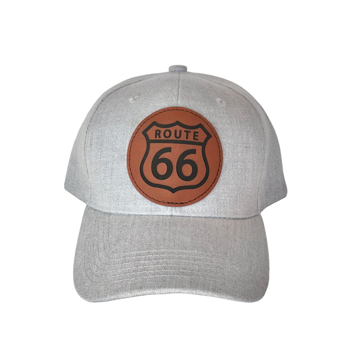 Route 66 leather patch hat with light gray panels, baseball style Oklahoma Route 66 hat with heat pressed leatherette patch
