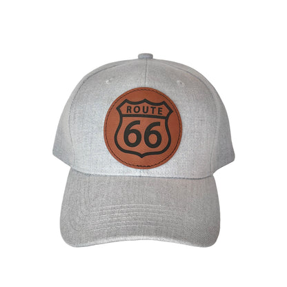 Route 66 leather patch hat with light gray panels, baseball style Oklahoma Route 66 hat with heat pressed leatherette patch
