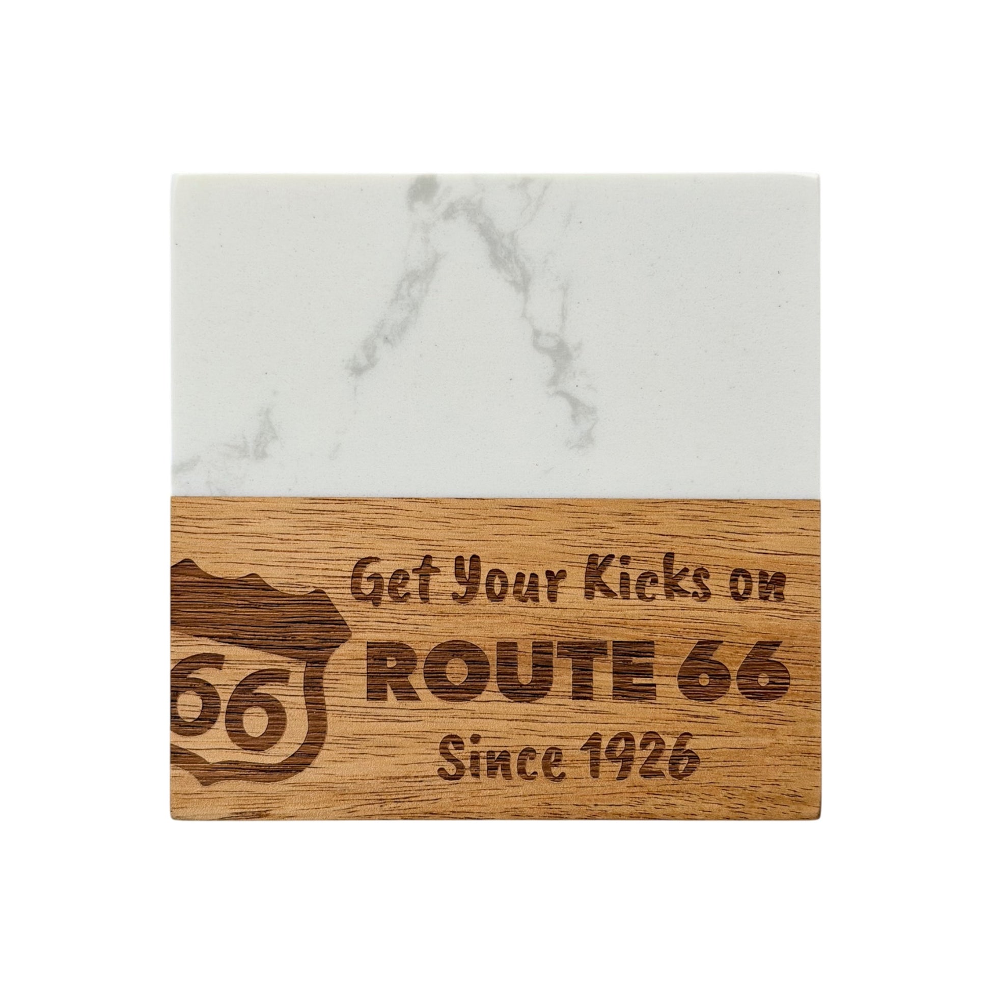 Front view of marble and wood Route 66 coaster featuring engraved Get Your Kicks on Route 66 Since 1926 artwork, square coaster with white marble and natural wood finish for Route 66 home decor