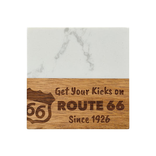 Front view of marble and wood Route 66 coaster featuring engraved Get Your Kicks on Route 66 Since 1926 artwork, square coaster with white marble and natural wood finish for Route 66 home decor