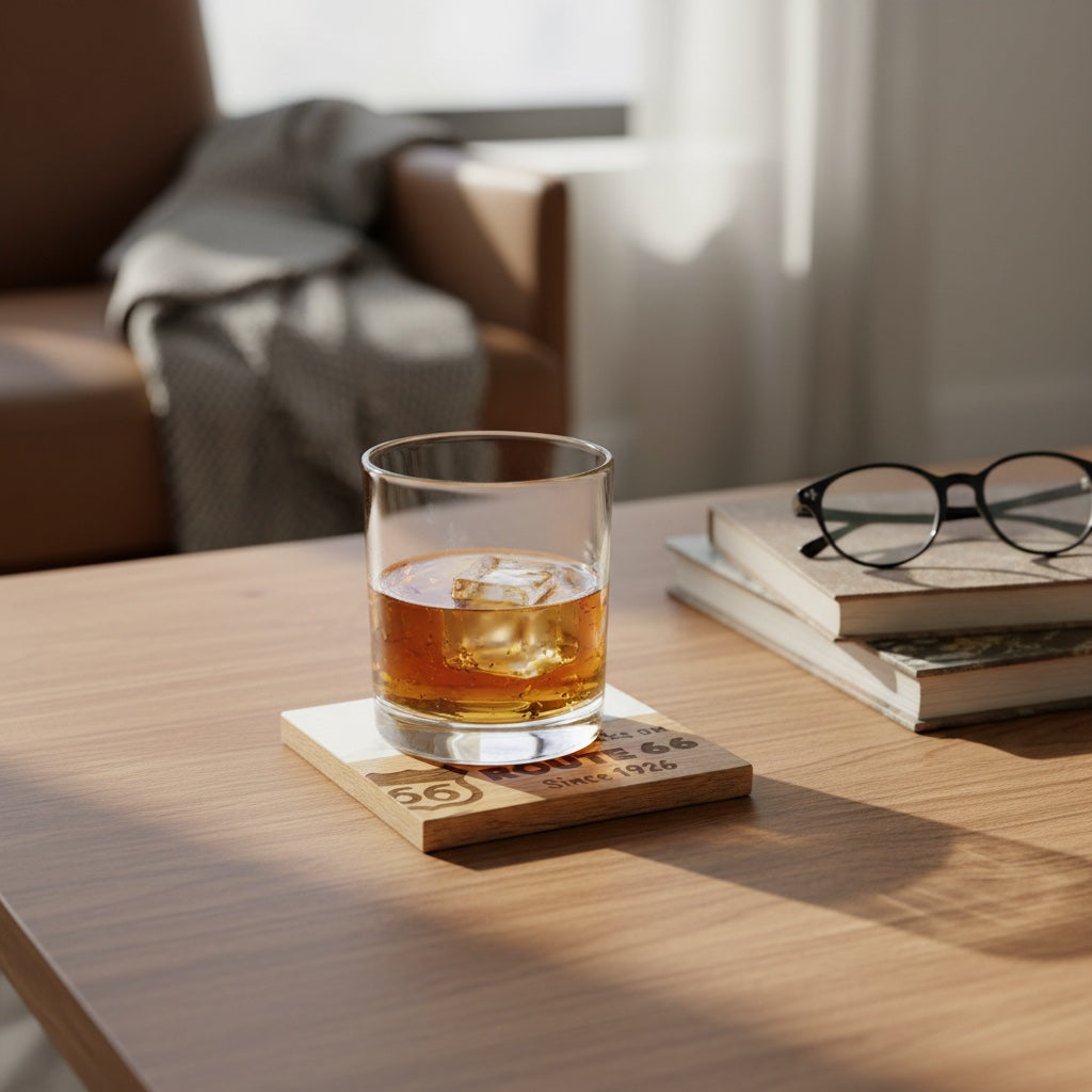 Whiskey glass sitting on engraved Route 66 marble and wood coaster on wood coffee table beside books and glasses, nostalgic Route 66 coaster for travelers and classic Americana decor