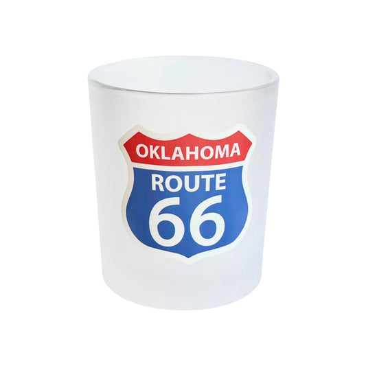 Front view of frosted 8 oz whiskey lowball glass with full-color red, white, and blue Oklahoma Route 66 highway shield, a functional Oklahoma travel souvenir and Mother Road gift