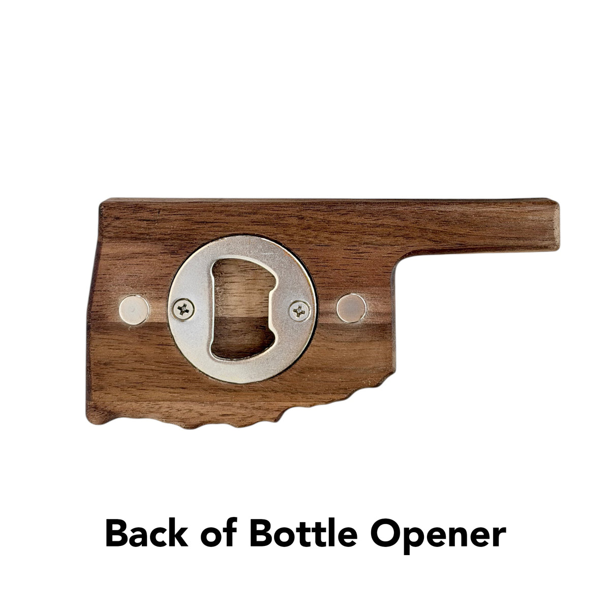 Back view of Oklahoma shaped walnut Route 66 bottle opener showing the mounted metal bottle opening hardware and round magnets used to attach the opener to a refrigerator