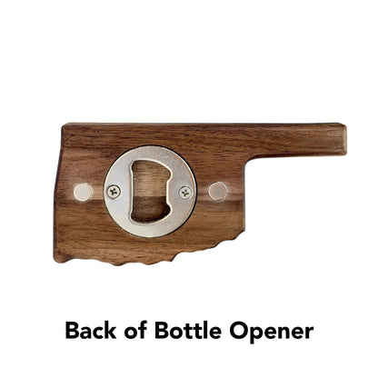 Back view of Oklahoma shaped walnut Route 66 bottle opener showing the mounted metal bottle opening hardware and round magnets used to attach the opener to a refrigerator