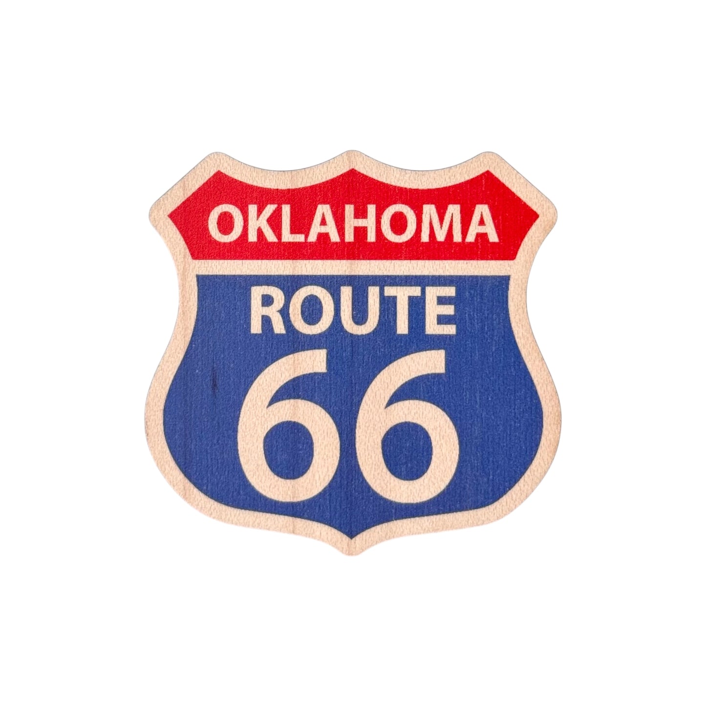 Oklahoma Route 66 wooden magnet featuring a classic highway shield design in red blue and white on natural wood, Route 66 souvenir magnet made in the USA