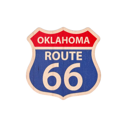 Oklahoma Route 66 wooden magnet featuring a classic highway shield design in red blue and white on natural wood, Route 66 souvenir magnet made in the USA