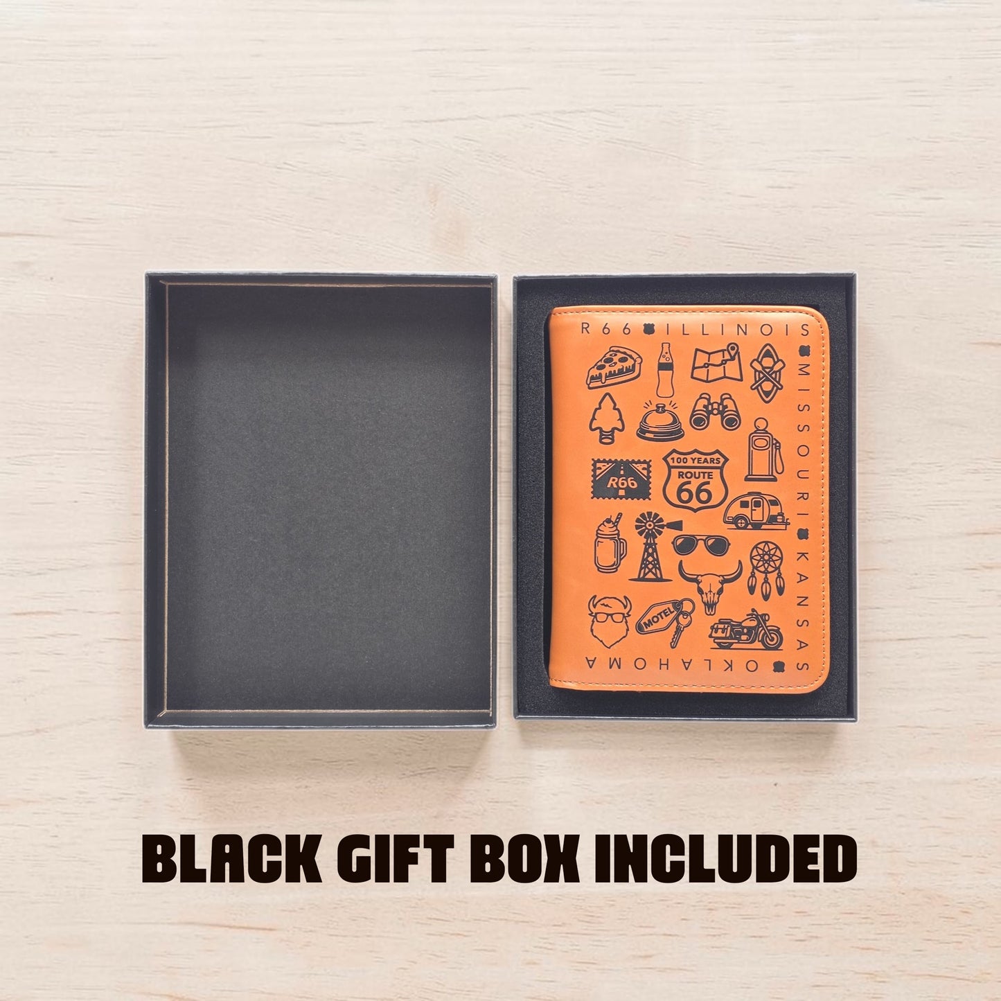 Route 66 passport wallet displayed inside a black gift box with foam insert on a light wood surface, showing gift ready packaging for a travel themed passport holder and road trip souvenir gift