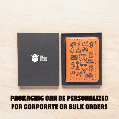 Route 66 passport wallet in personalized black gift box with The Curious Bison logo, shown as a corporate gift option for bulk orders, branded travel gifts, and Route 66 event souvenirs