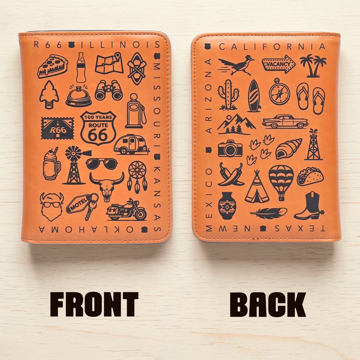 Front and back view of a Route 66 passport wallet with engraved roadside travel icons, state names, and Southwest imagery, a collectible travel accessory for Route 66 souvenir shoppers and road trip gift buyers