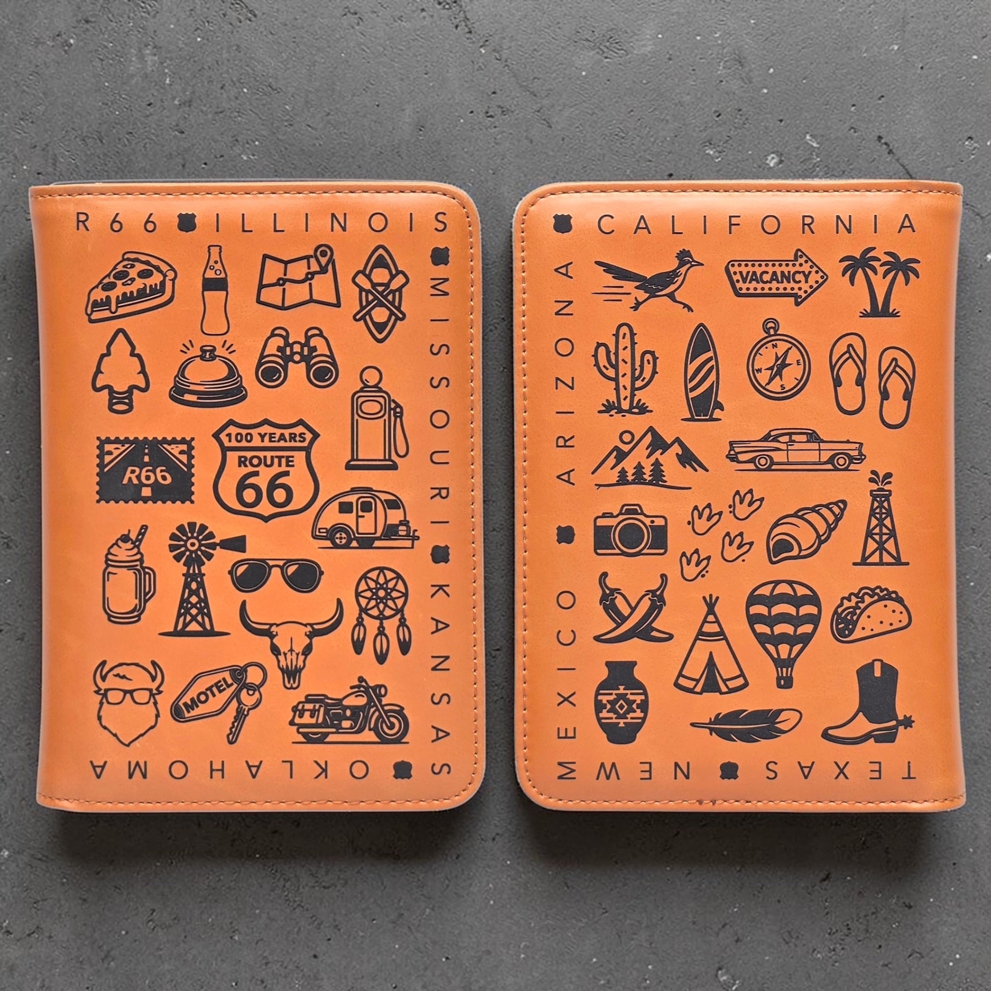 Route 66 passport wallet shown front and back on a dark background, featuring engraved icons tied to road travel, roadside stops, and Southwest themes for a USA travel gift or Route 66 keepsake