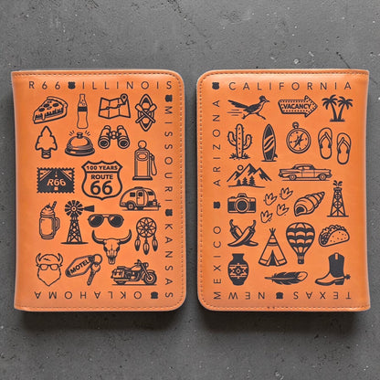 Route 66 passport wallet shown front and back on a dark background, featuring engraved icons tied to road travel, roadside stops, and Southwest themes for a USA travel gift or Route 66 keepsake