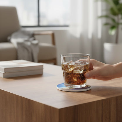 Ceramic Route 66 Pops coaster in use on a wood coffee table holding a glass drink, Oklahoma souvenir coaster for home decor and everyday use