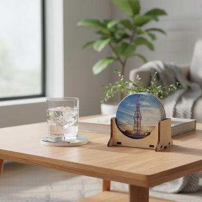 Route 66 Pops ceramic coaster on modern coffee table beside matching coaster set holder, Oklahoma travel souvenir coaster display
