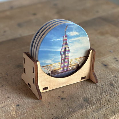 Multiple Route 66 Pops ceramic coasters displayed in a laser cut wood holder, Oklahoma souvenir coaster set for gift shops and home entertaining