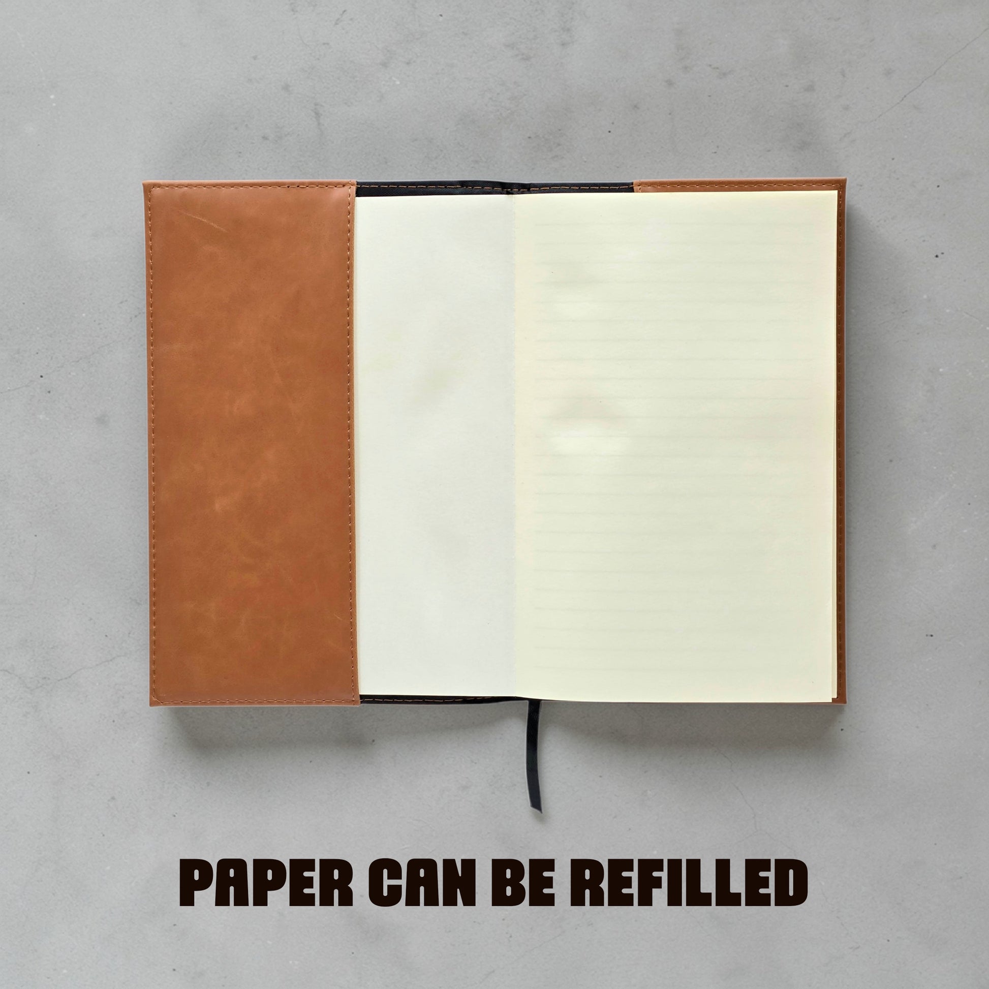 refillable Route 66 leatherette journal cover showing removable lined paper insert designed for reusable travel journaling and road trip note keeping