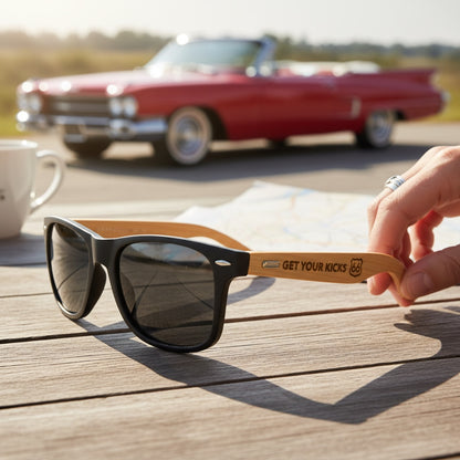 Route 66 sunglasses with bamboo wood arms engraved Route 66 1926 centennial text, black sunglasses for travelers, Oklahoma souvenir and road trip accessory