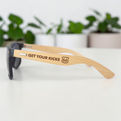 Route 66 black sunglasses with bamboo wood temples engraved Route 66 1926, modern travel sunglasses for Tulsa gift shop and USA road trip souvenir buyers